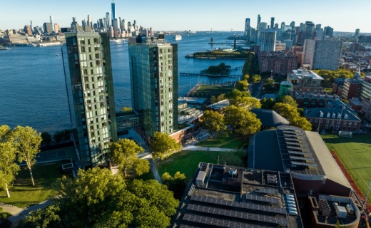 Stevens' University Center Complex Towers, with NYC, Hoboken, and Jersey City in the background.