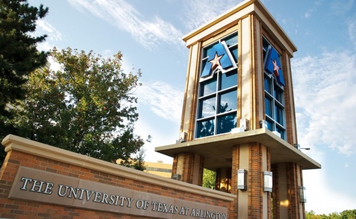 UT Arlington tower with a big A for UTA, home to the Mighty Mavericks