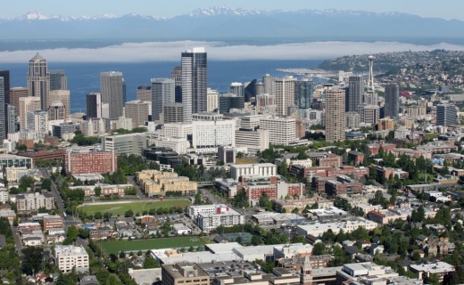 Aerial view of Seattle University and downtown (Space Needle to right, only 2 miles away!)